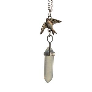 Bird and quartz crystal pendant necklace
